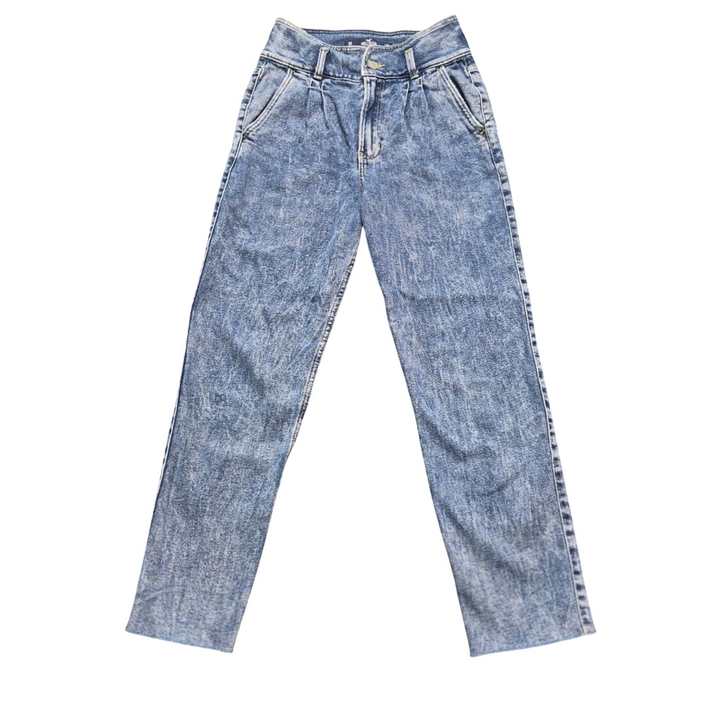 Hollister Ultra High-Rise Mom Jeans Acid Wash Blue Pleated Raw Hem 3R W26 L27